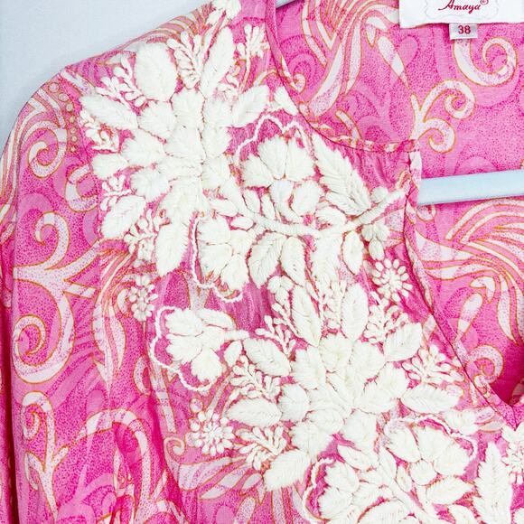 Amaya Pink Silk Tunic Size 38/M Floral Embroidered Neckline Cuffs Scroll - Picture 4 of 12